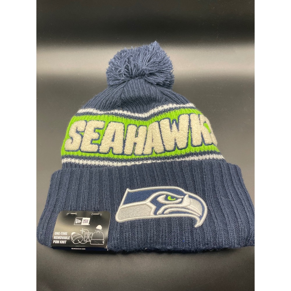 New Era Seattle Seahawks NFL Beanie Navy Blue Lime Green Removable Pom Knit Hat